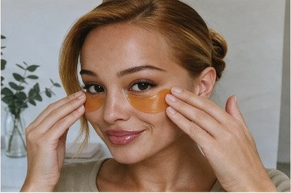 A woman pressing a cooling patch under her eye at the bathroom mirror